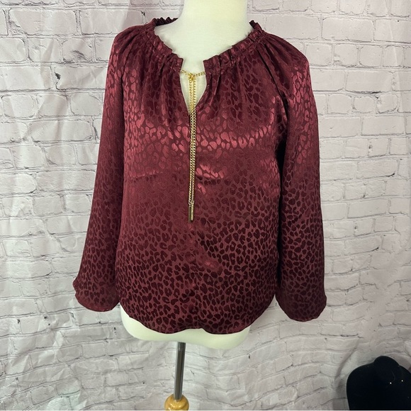 michael kors monochromatic Burgundy Leopard Print peasant Top sz S - Picture 1 of 7